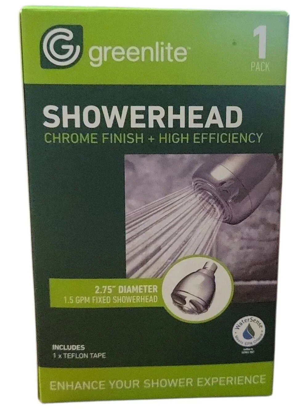 NWT Greenlite Chrome Finish Efficiency Fixed Shower Head /Teflon Tape 3 Stages